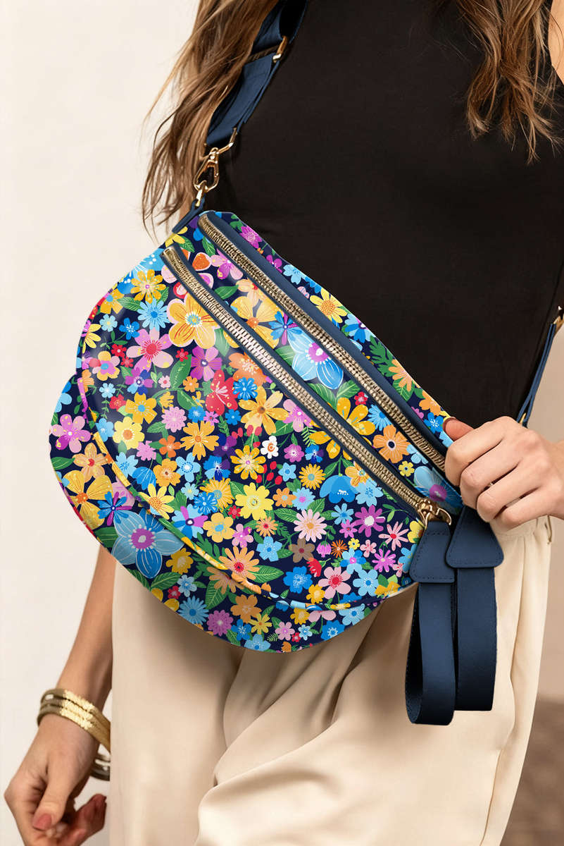 Black Floral Printed Double Zip Crossbody Bag