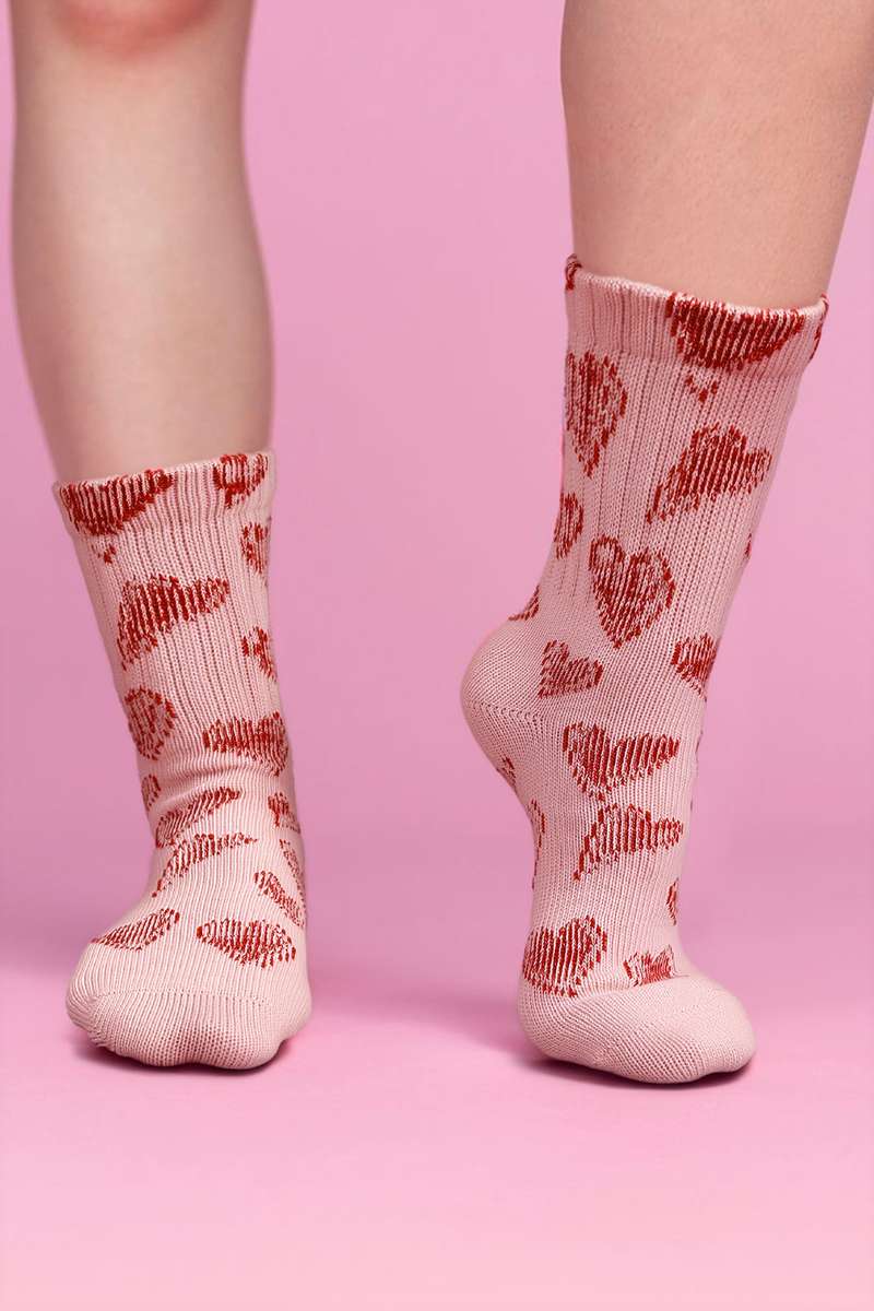 Pink Vintage Heart Pattern Combed Cotton Socks