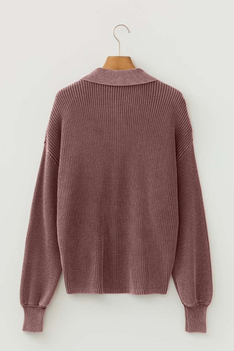 Dark Brown Mineral Washed Knit Button Polo Collar Loose Sweater