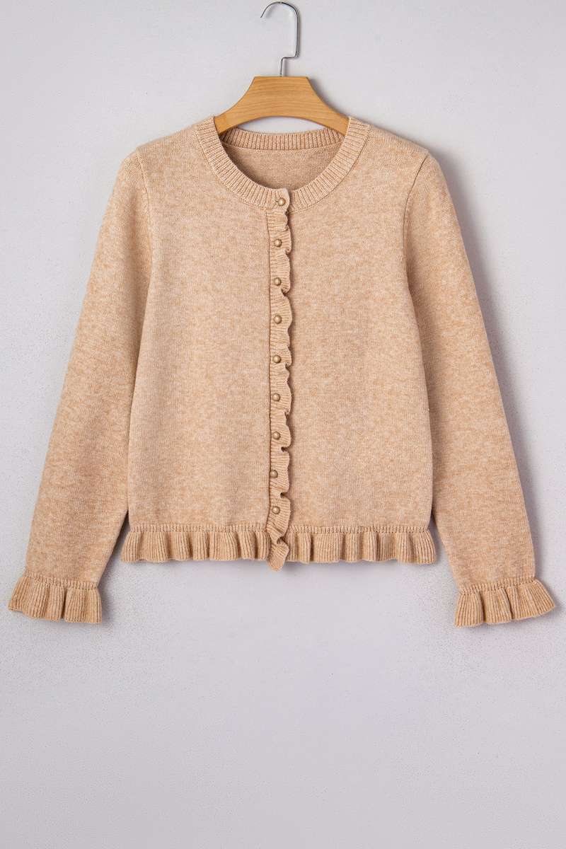 Oatmeal Ruffle Trim Gold Button Sweater Cardigan