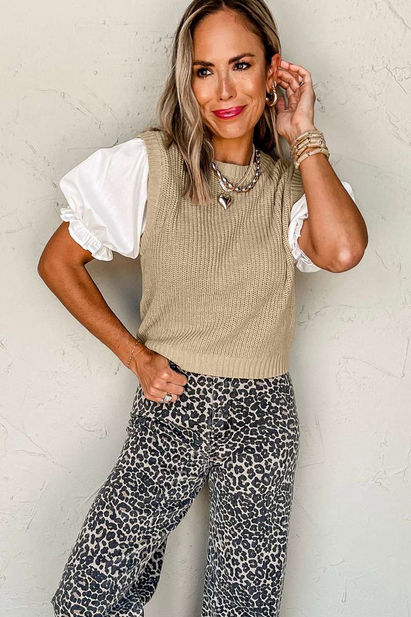 Light French Beige Round Neck Knit Contrast Short Sleeve Patchwork Sweater Top