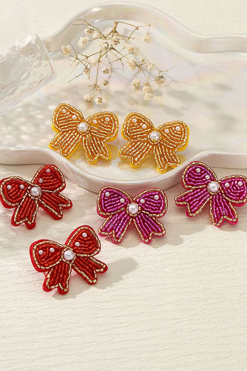 Rose Red Pearl Rice Bead Bow Knot Shape Stud Earrings