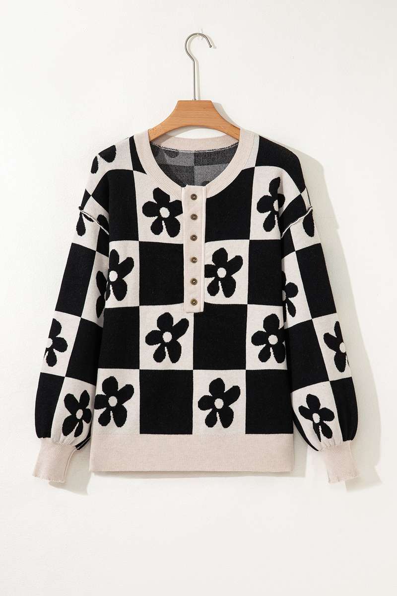 Black Flower Plaid Henley Baggy Sweater