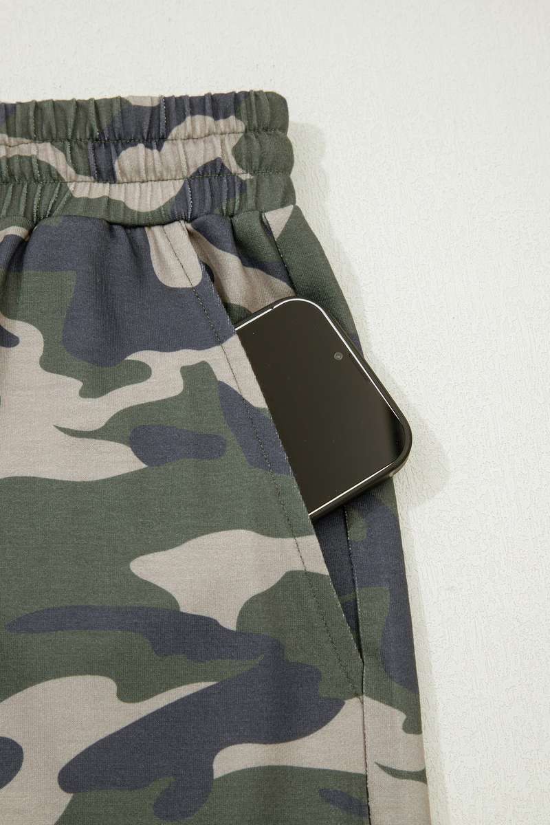 Green Tie Elastic Waist Pocketed Plus Size Camo Shorts