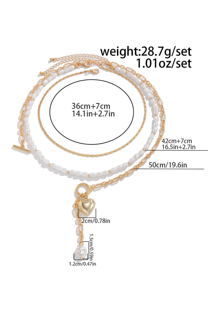 Gold Plated Heart Charm Pearl Chain Layered Necklace