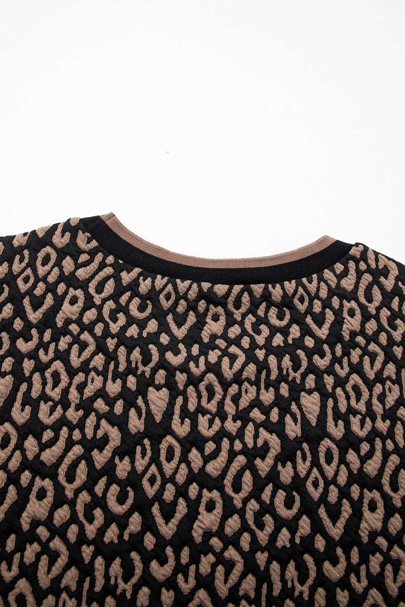 Black Leopard Print Puffy Bracelet Sleeve Contrast Trim Round Neck Top
