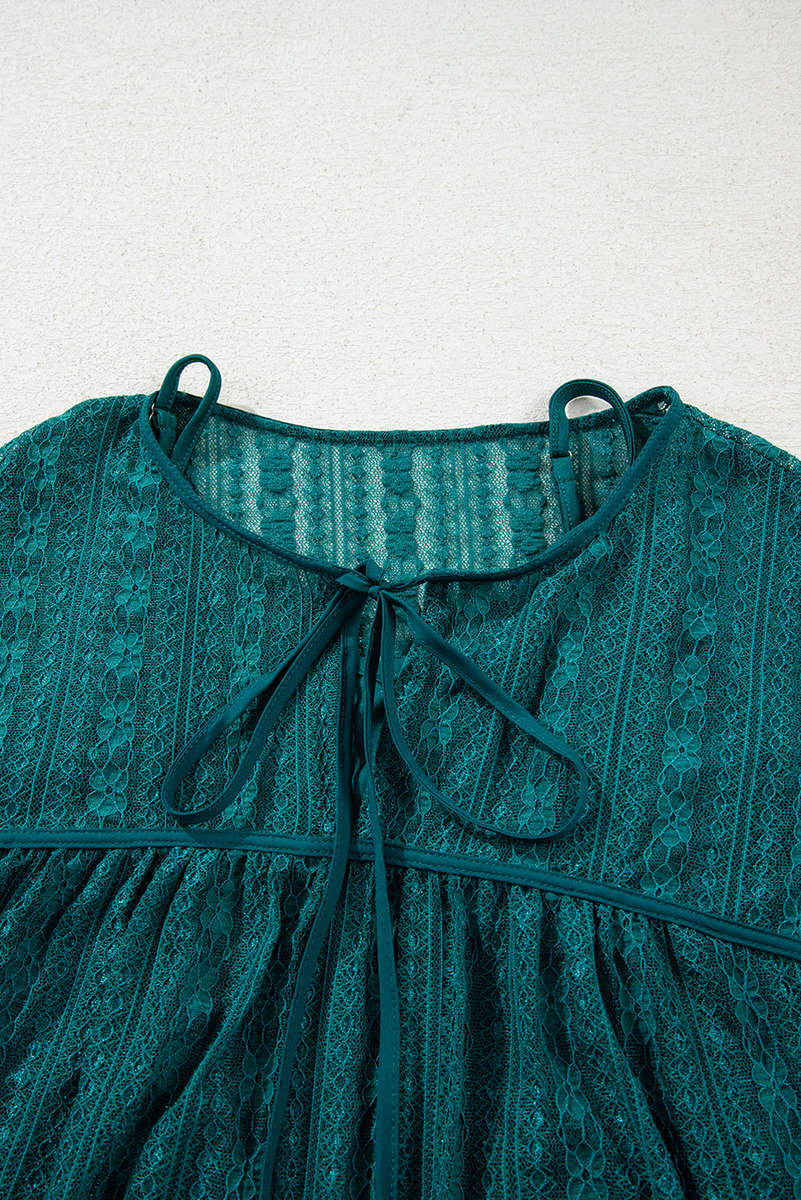 Evergreen Sheer Lace Balloon Sleeve Babydoll Blouse