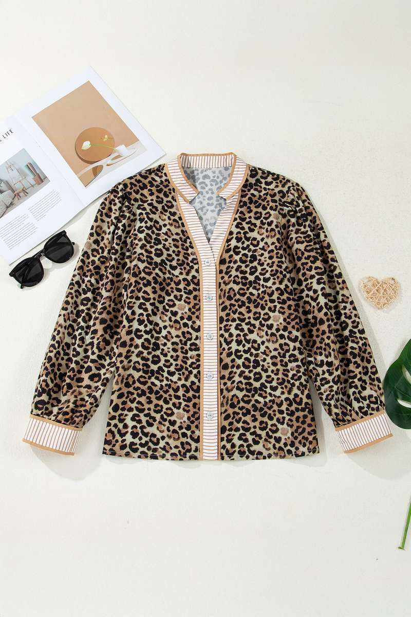 Khaki Contrast Striped Trim V Neck Leopard Shirt