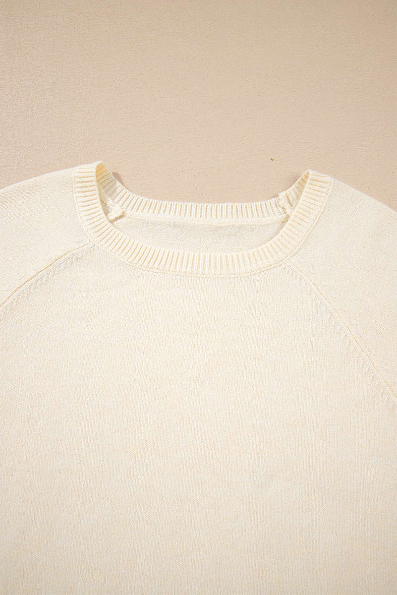 White Buttoned Bishop Sleeve Crew Neck Sweater