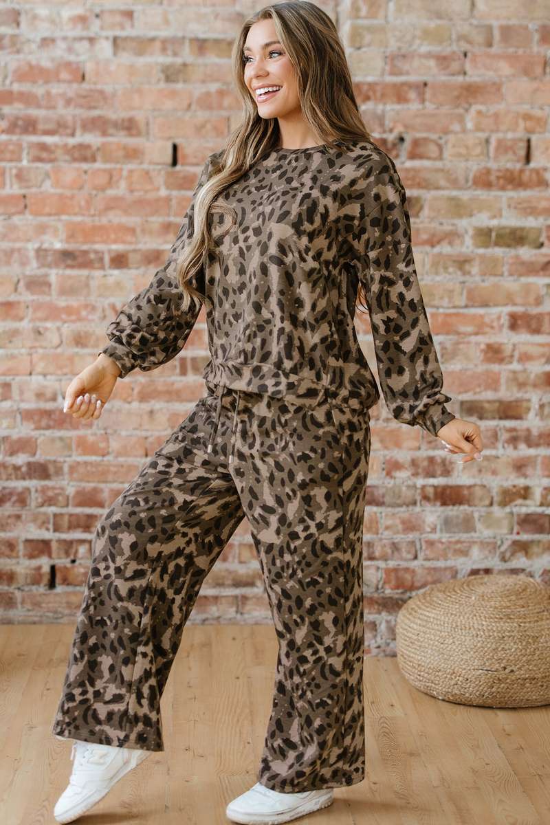 Brown Leopard Print Raw Seam Patchwork Pullover Drawstring Loose Pant Set