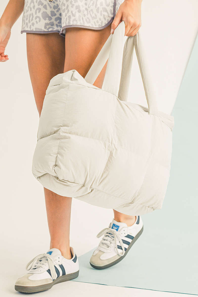 White Solid Quilted Puffy Zipped Large Tote Bag