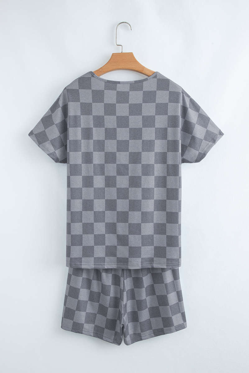 Gray Checkered V Neck Tee Drawstring Shorts Lounge Set