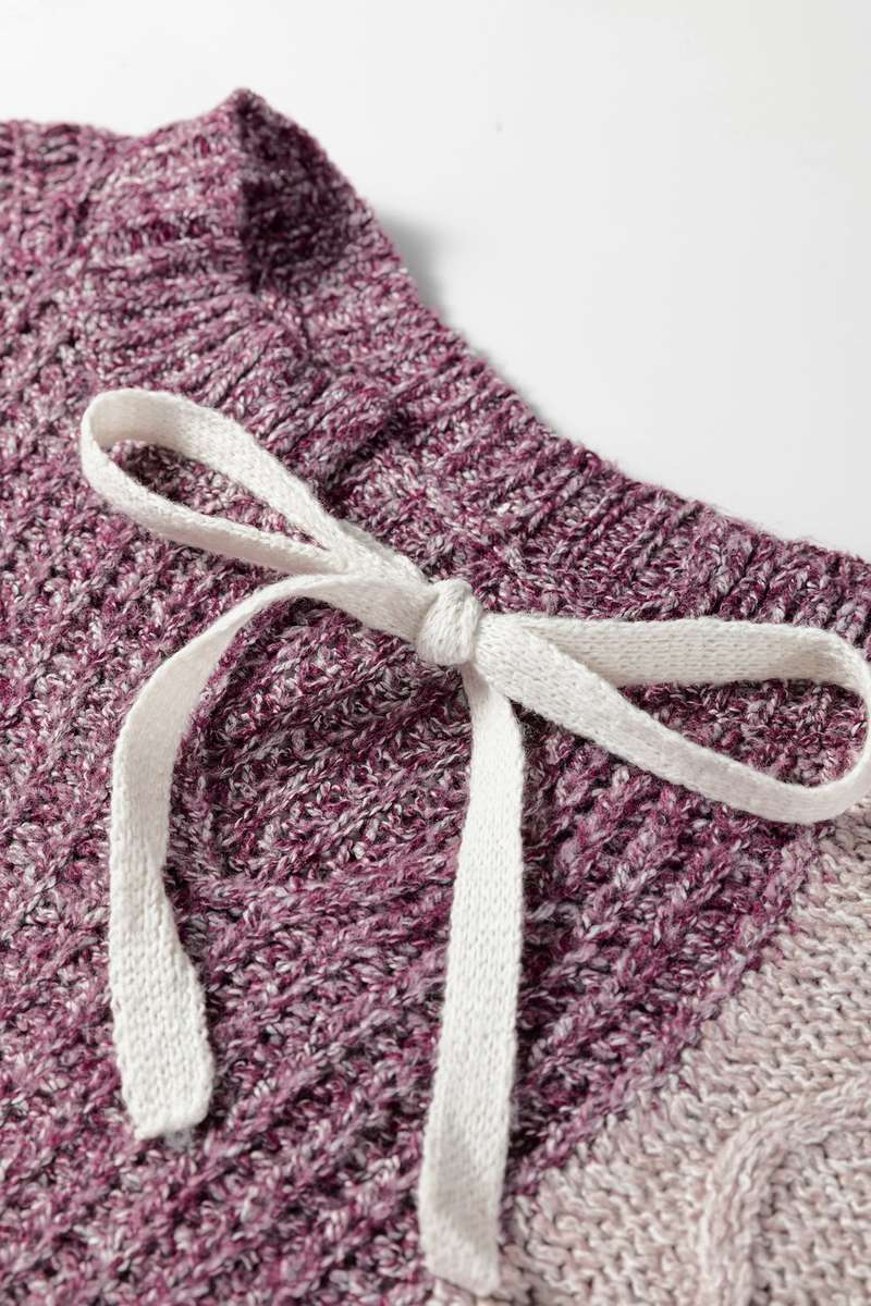 Purple Color Block Patchwork Knotted Back Loose Fit Sweater