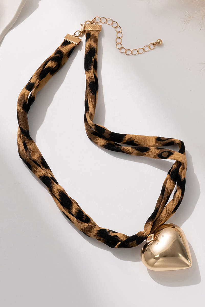 Gold Puffy Heart Charm Leopard Scarf Necklace