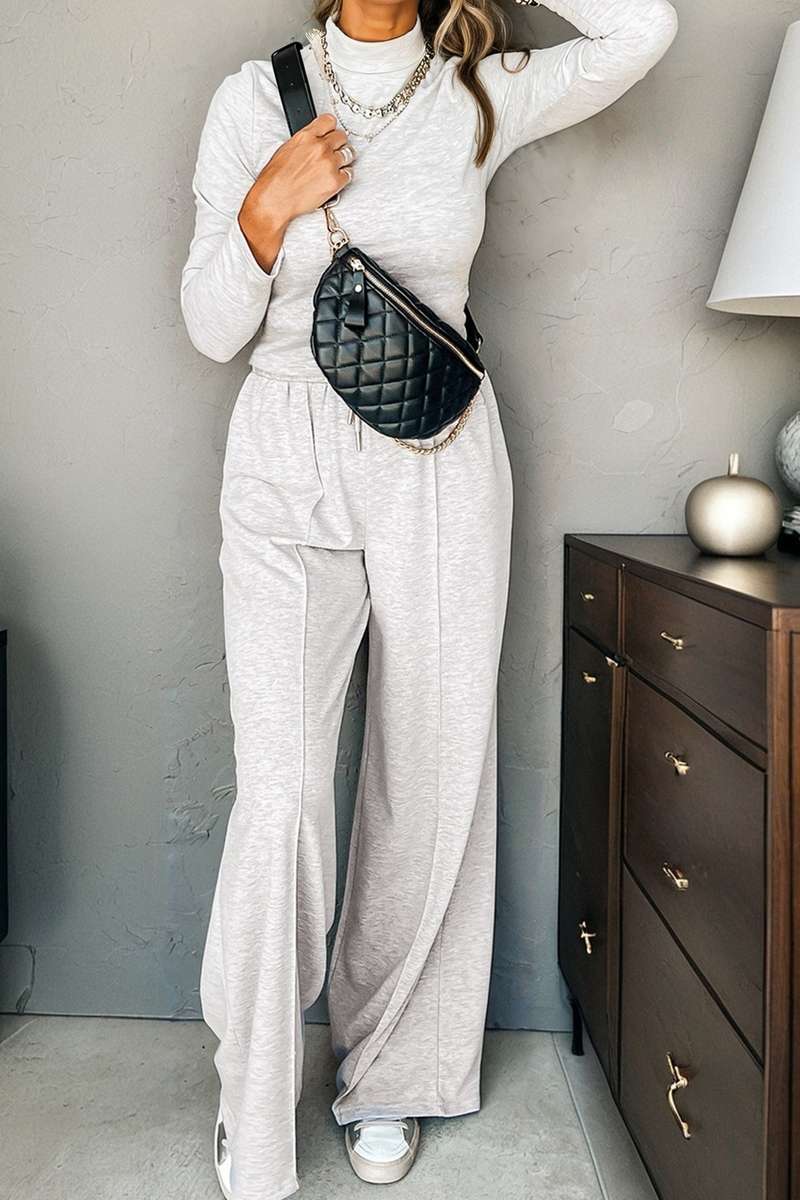 Light Grey Long Sleeve High Neck Slim Top Smocked Waist Central Seam Pants Set