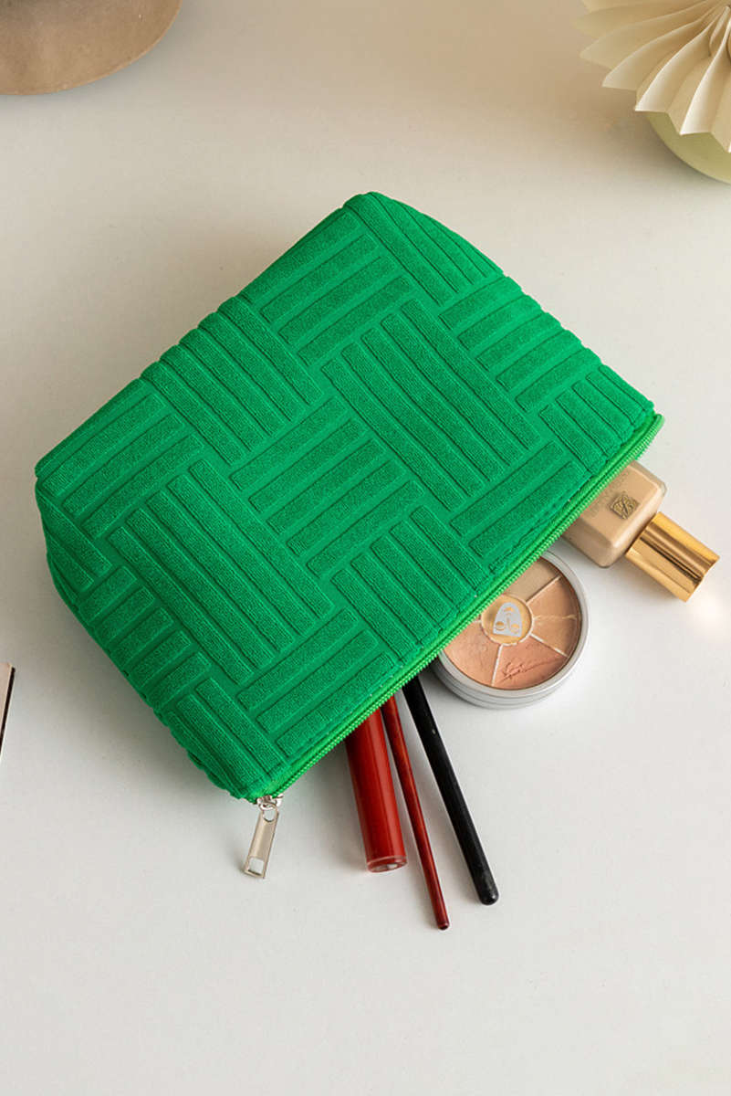 Dark Green Textured Woven Pattern Zipper Cosmetic Bag