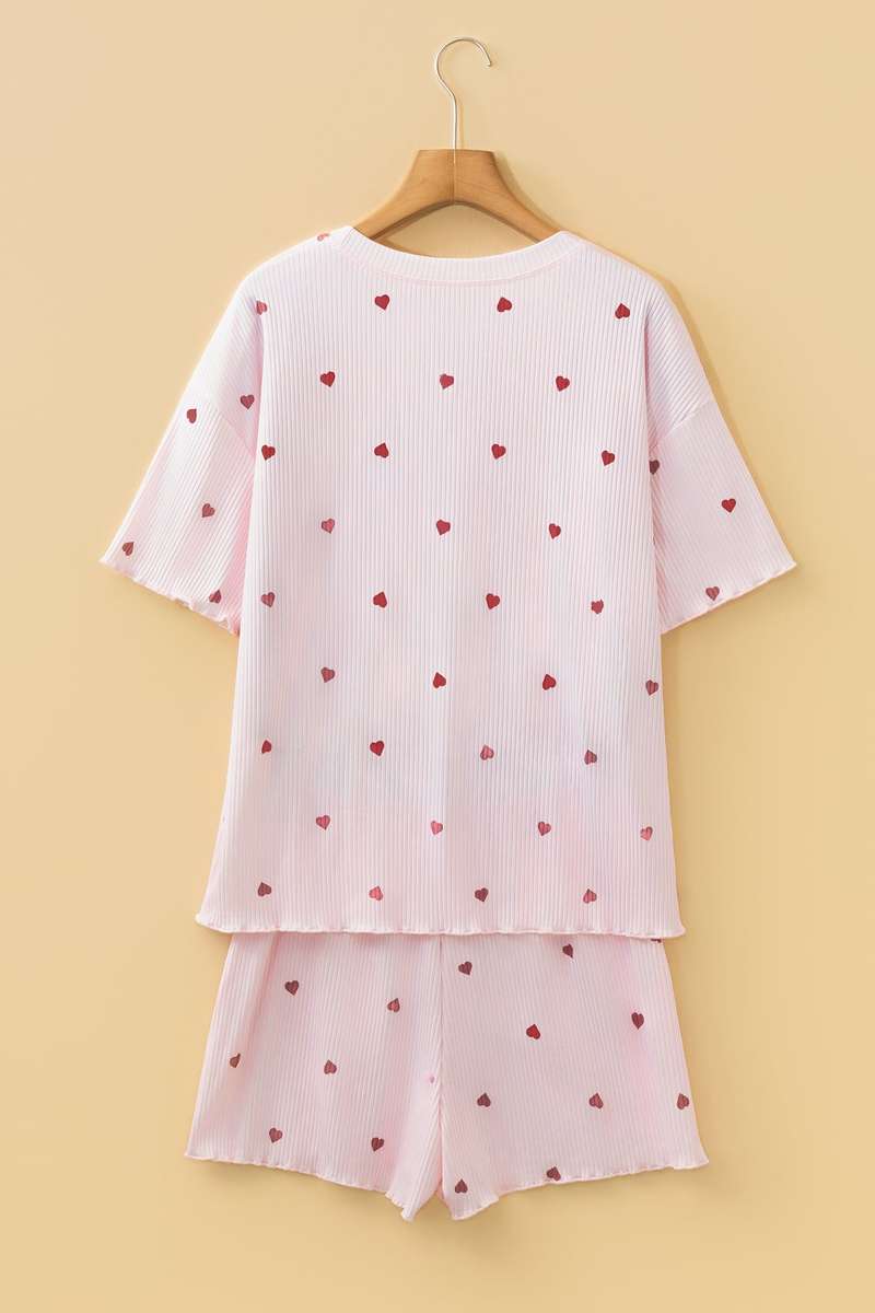 Light Pink Valentine Heart Shape Print Ribbed Knit Short Lounge Set
