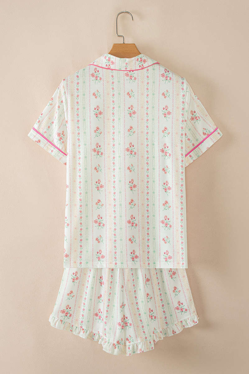 Beige Floral Print Contrast Pipping Short Pajamas Set