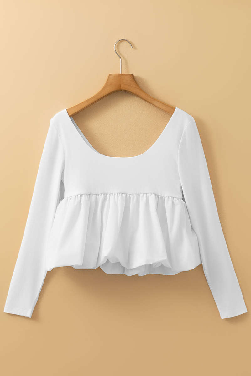 White U Neck Long Sleeve Bubble Hem Top