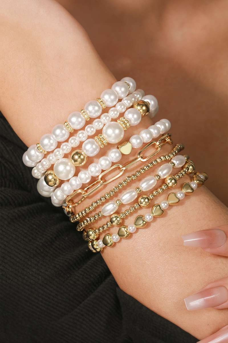 Gold 9-Piece Mixed Faux Pearl Bead Stretch Bracelet Set