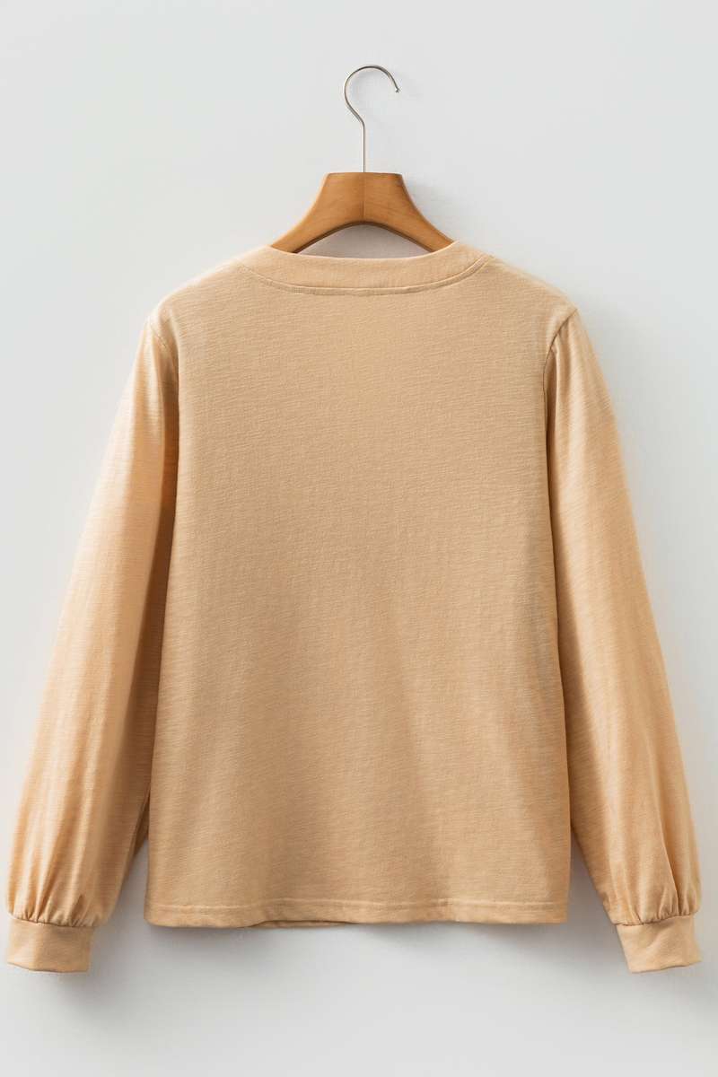 Light French Beige Solid Color Button V Neck Long Sleeve Top