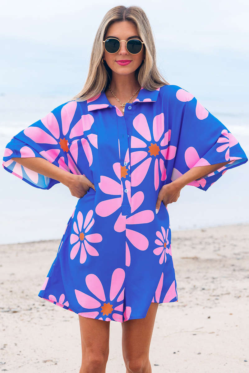 Blue Summer Flower Print Shirt Collar Button Front Loose Romper