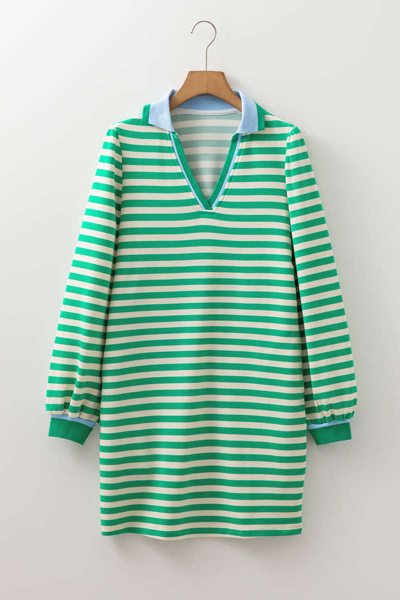 Green Striped Contrast Collar Split Neck Long Sleeve Mini Dress