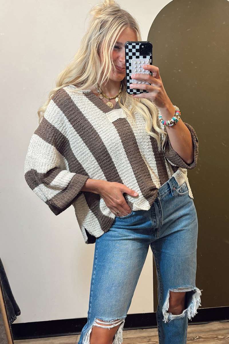 Brown Stripe Colorblock V Neck Bracelet Sleeve Sweater