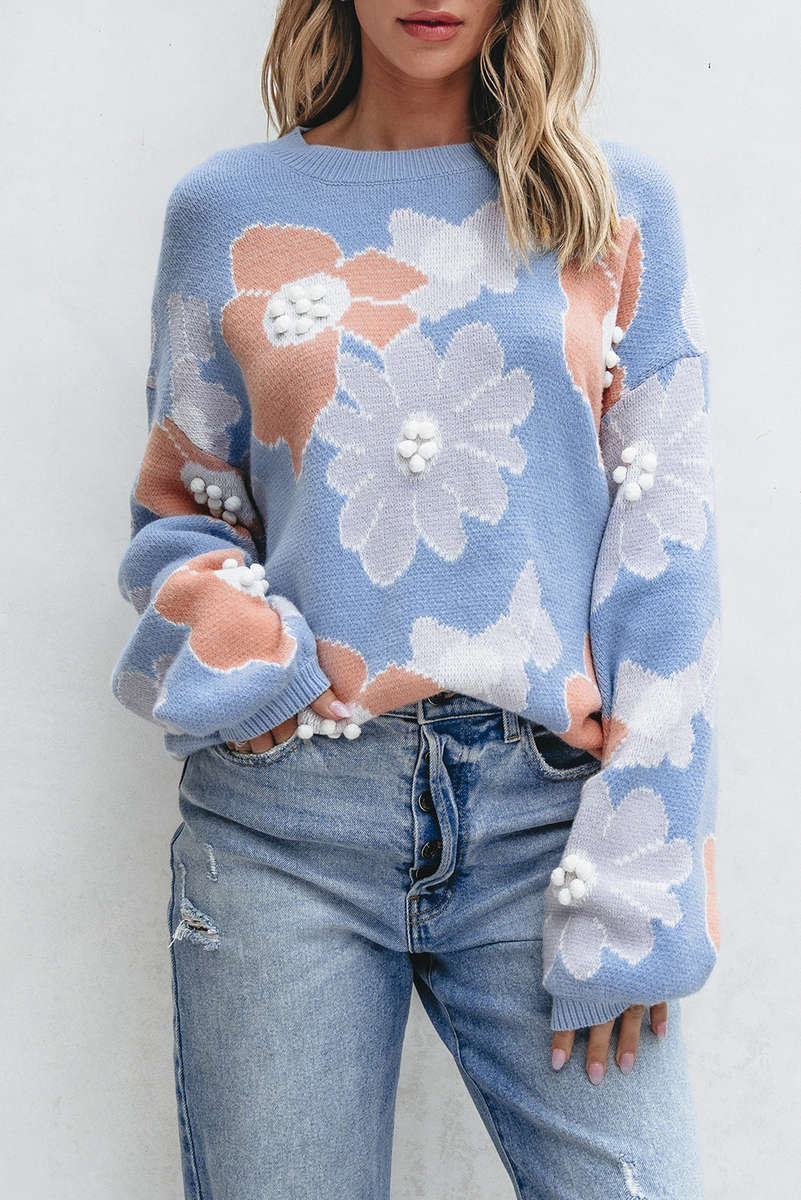 Beau Blue Floral O Neck Drop Shoulder Knitted Sweater