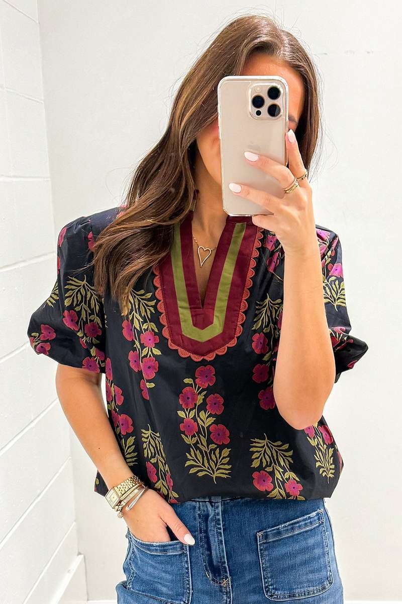 Black Floral Short Bubble Sleeve Contrast Slit Neckline Blouse