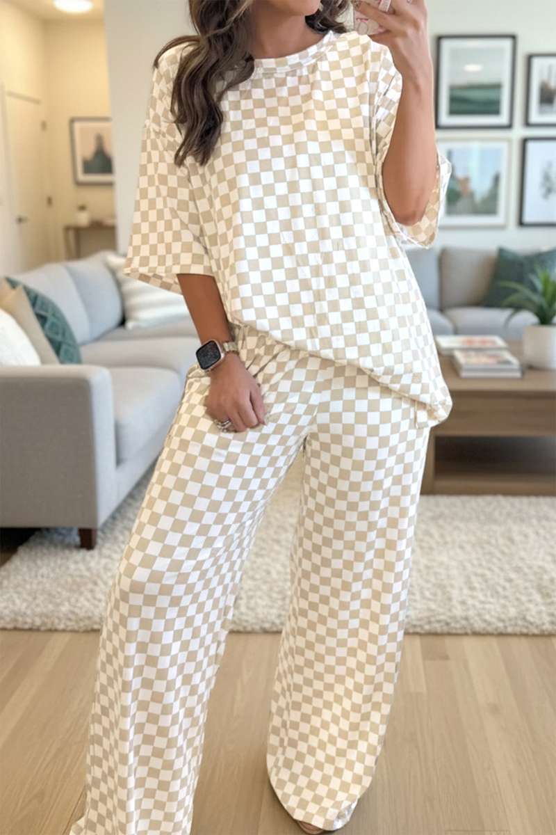 Khaki Checkered Print Half Sleeve Tee 2pcs Lounge Pant Set