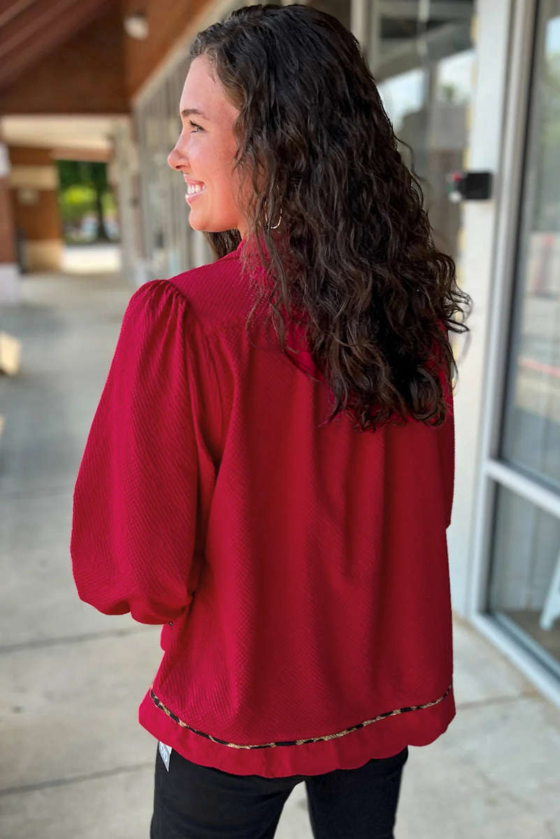 Fiery Red Collar V Neck Leopard Contrasted Trim Textured Blouse