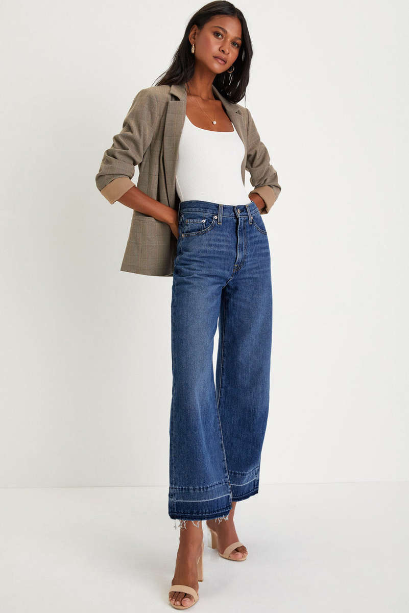 Real Teal Raw Hem Straight Leg Loose High Waist Jeans
