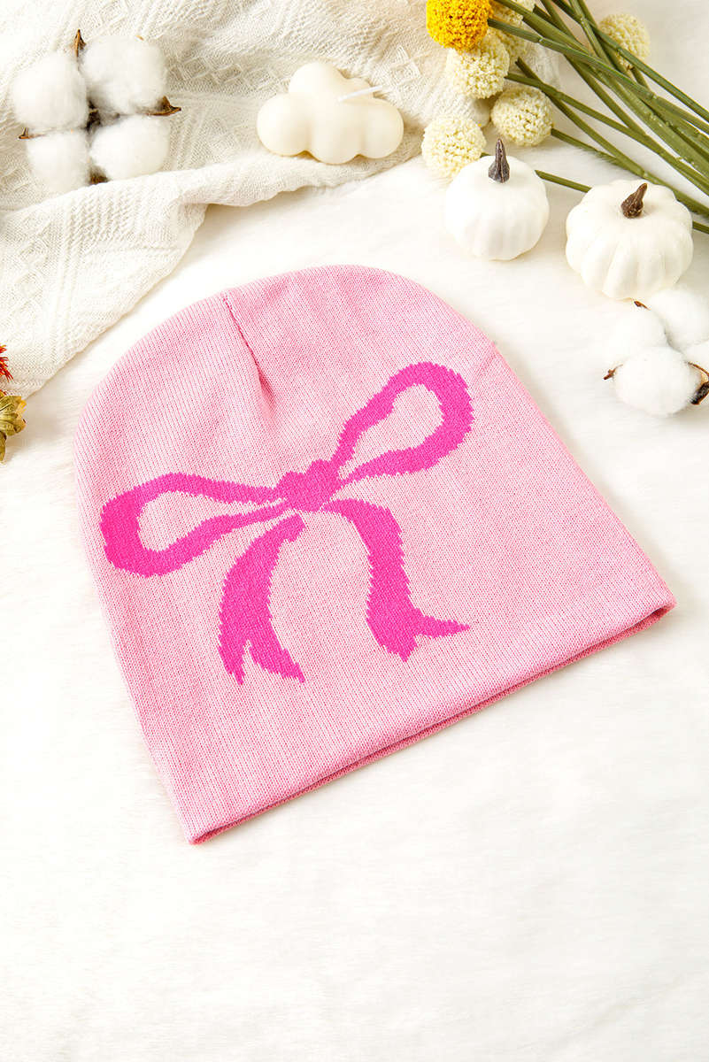 Pink Ribbon Bow Print Soft Knit Beanie