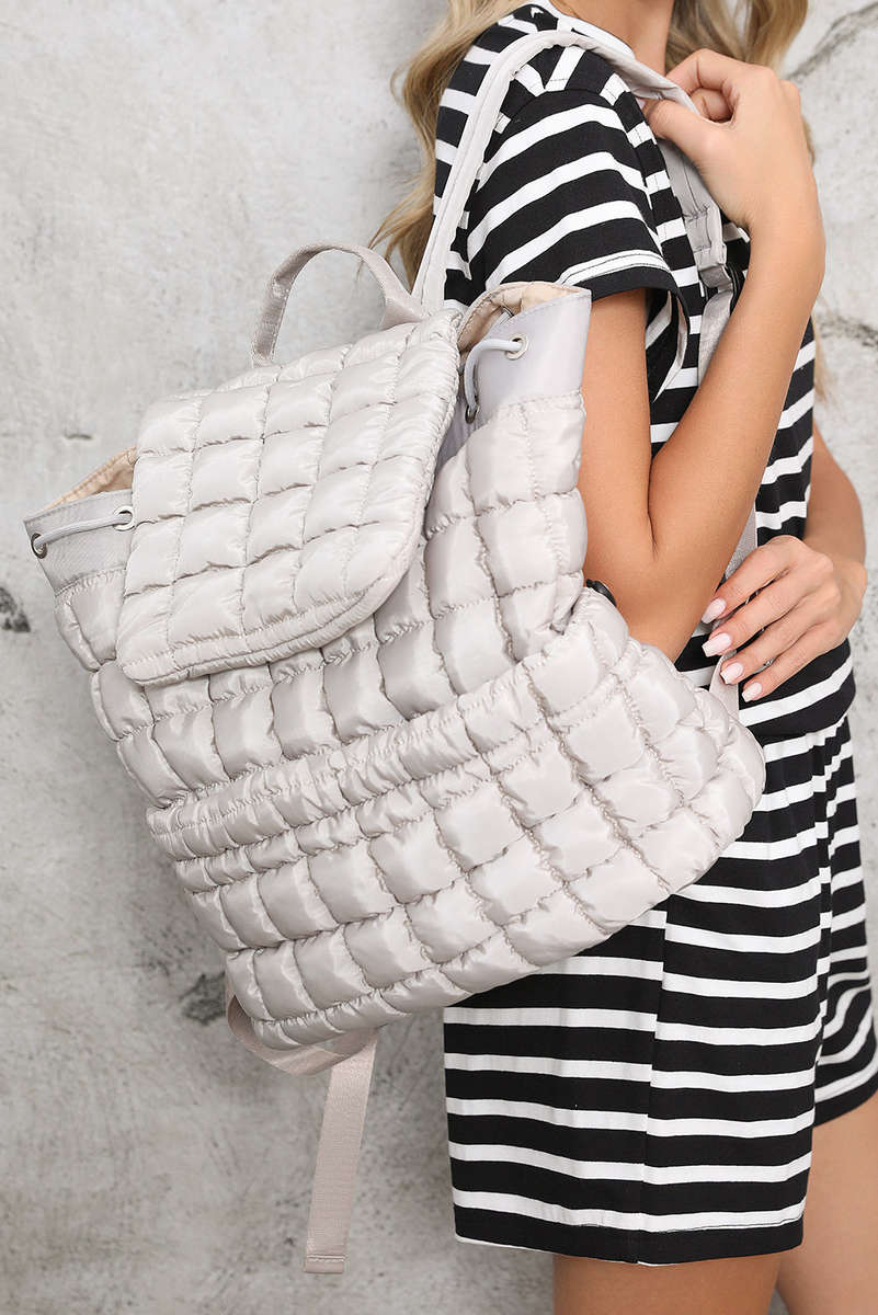 Medium Grey Solid Flapped Quilted Puffer Backpack