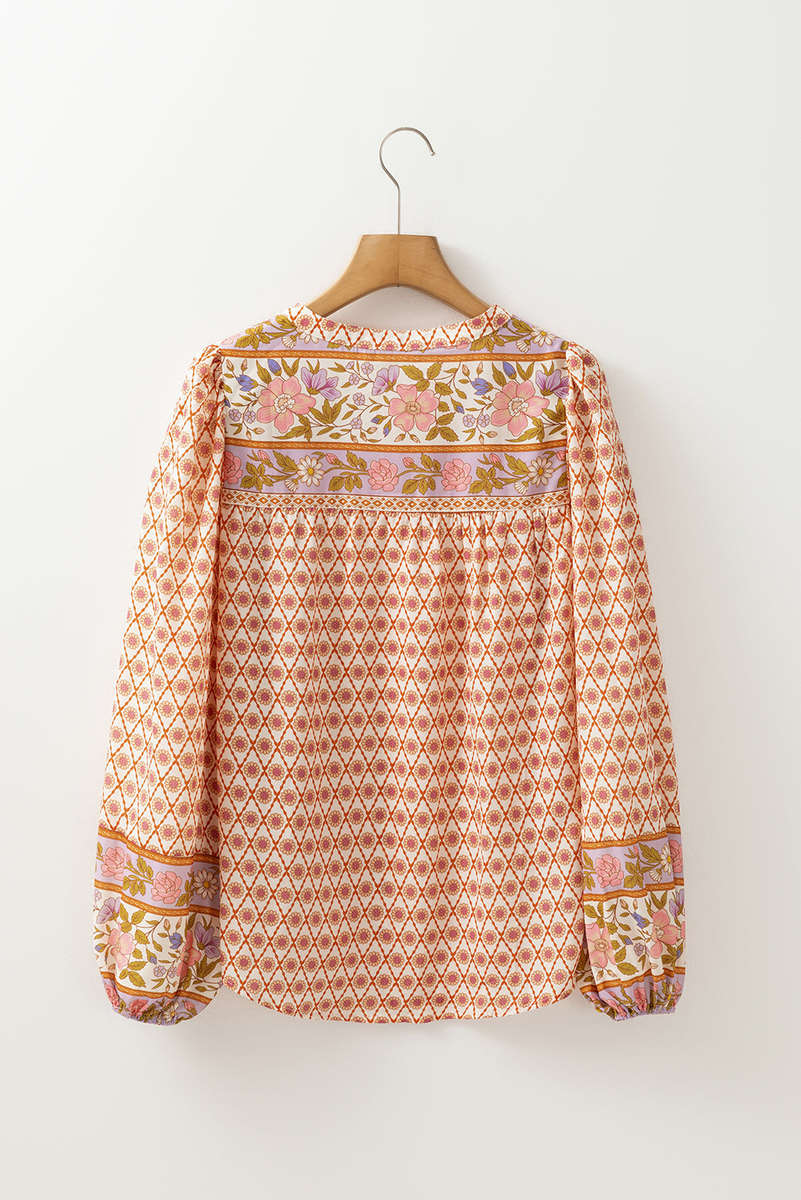 Multicolour Boho Floral Mixed Print Puff Sleeve Shirt