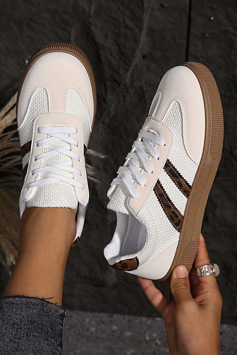 White Textured Woven PU Leather Leopard Patchwork Flat Sneakers