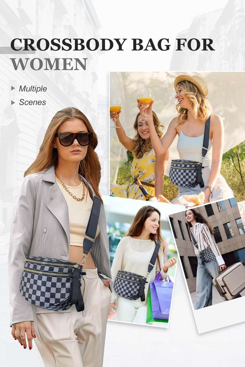 Dark Grey Checkered Print Wide Strap Large Crossbody Bag