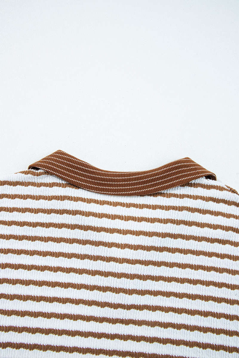 Khaki Stripe Plus Size Collared V Neck Loose Pullover Drawstring Elastic Waist Wide Leg Pant Set
