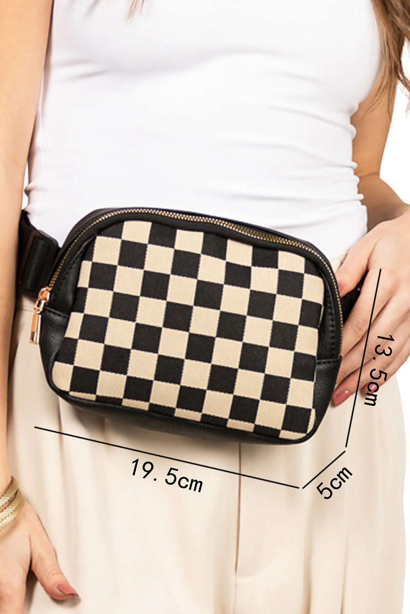 Black Faux Leather Checkered Patchwork Crossbody Waist Bag