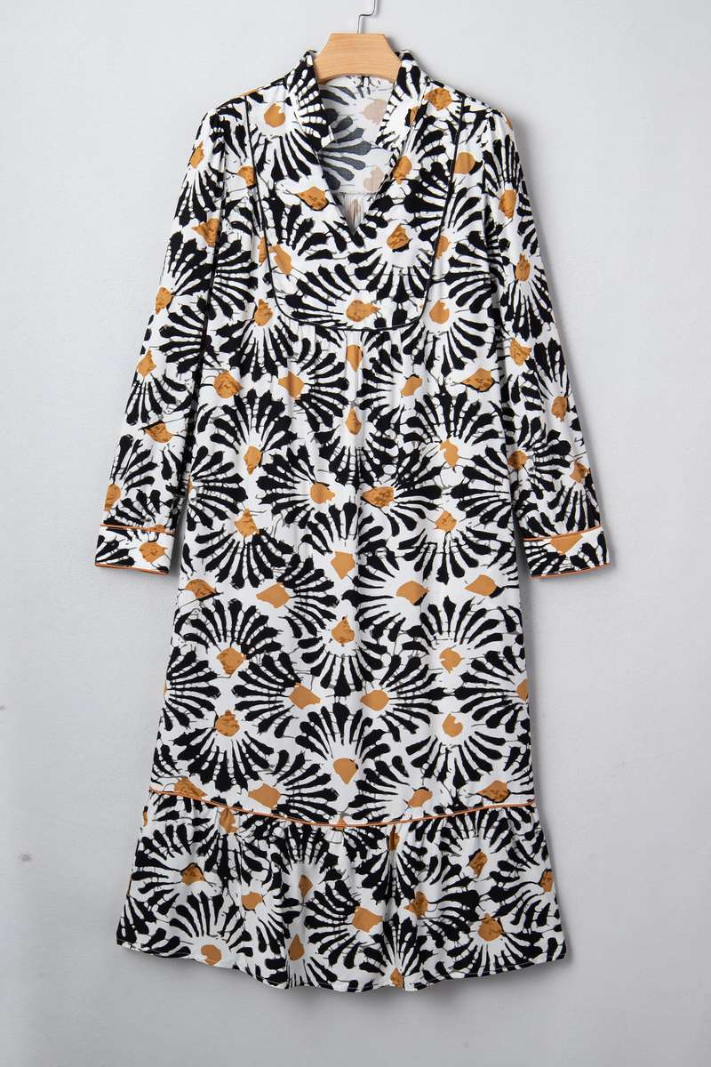 Black Abstract Floral Print Split V Neck Long Dress with Sleeves