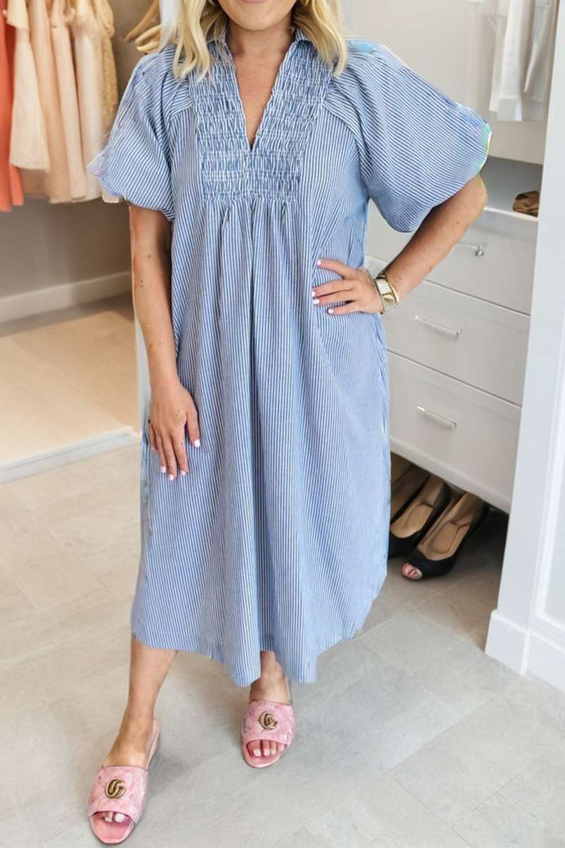 Sky Blue Stripe Shirred Detail Collar V Neck Plus Size Midi Dress