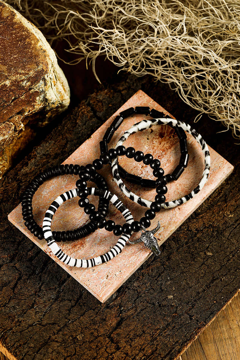 Color black Timber Beads Western Skull Head Charm 5pcs Bracelet Set