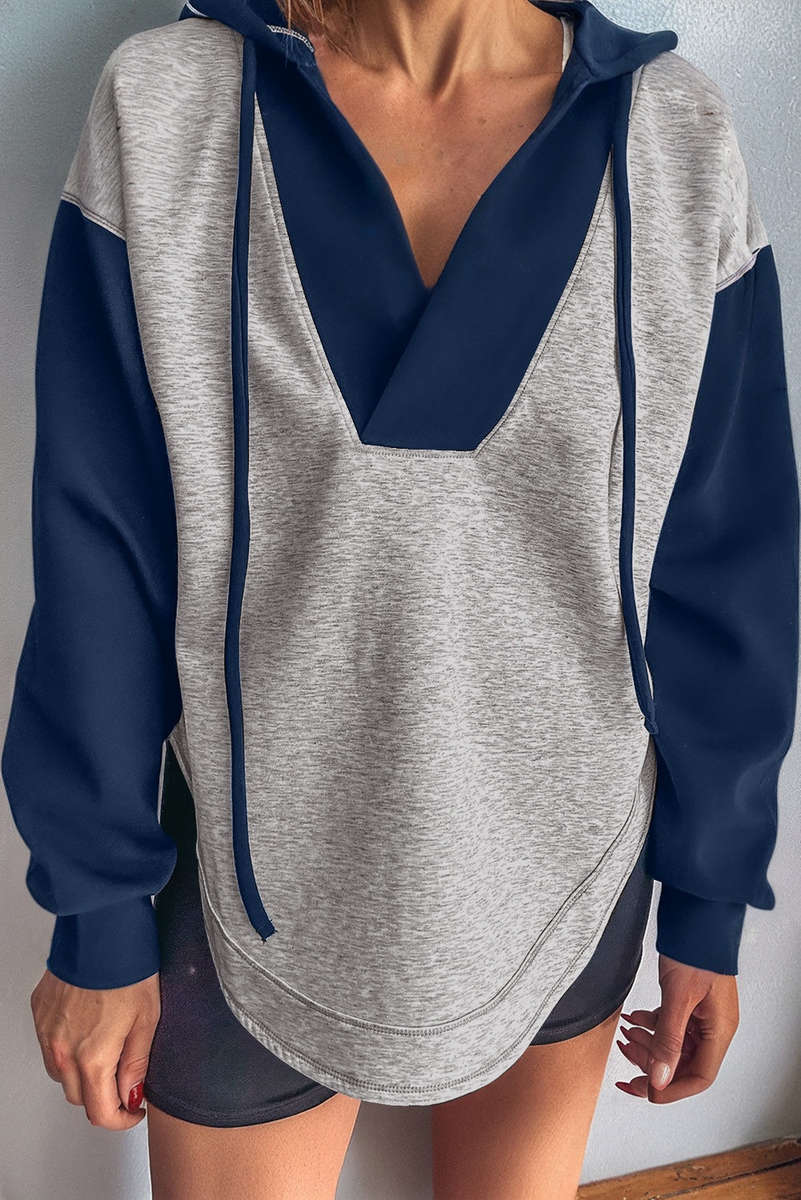Light Grey Color Block Patchwork V Neck Drawstring Hoodie