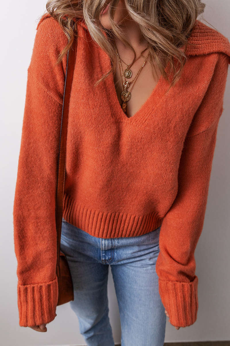 Flamingo Collared V Neck Ribbed Edge Sexy Elegant Sweater