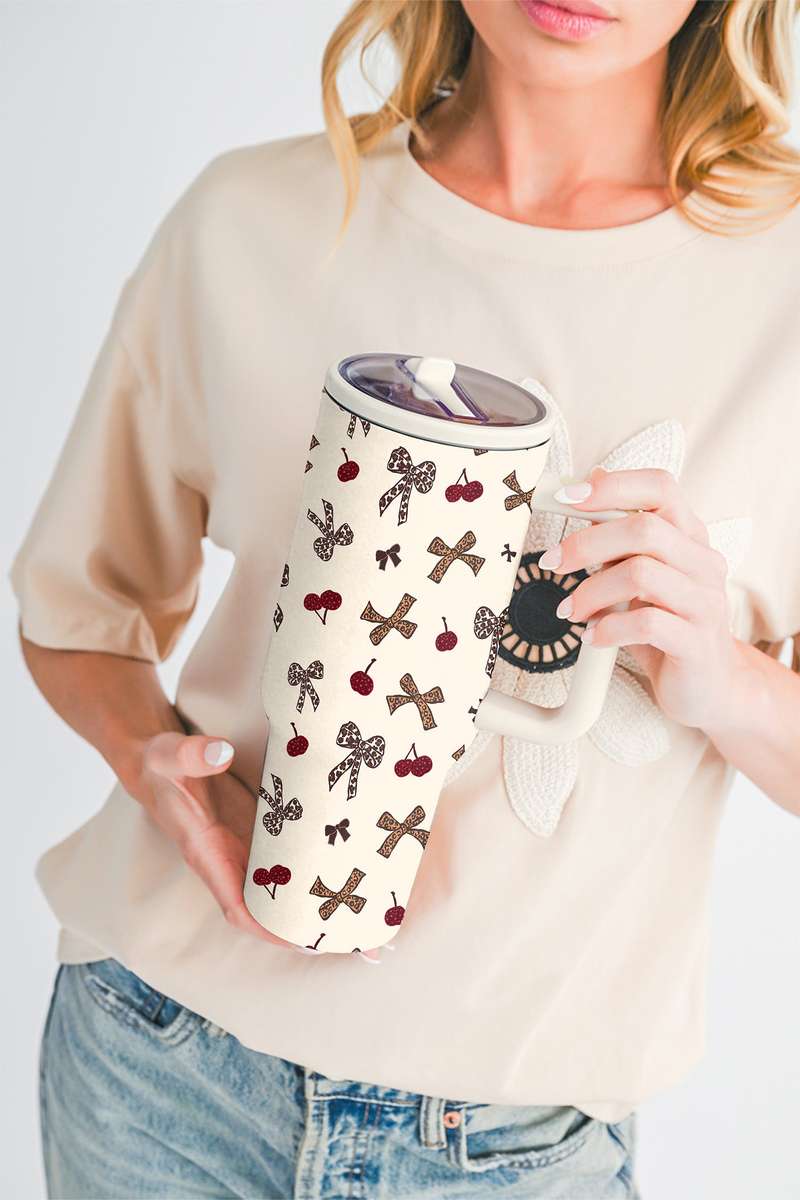 White Leopard Cheery Bow Printed Single Handle Flip Straw Travel Cup