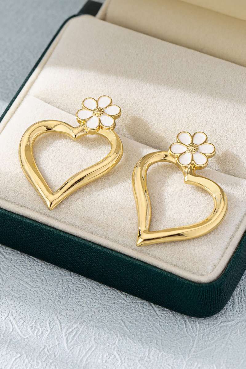 Gold Daring Hollowed Heart Dainty Flower Studded Earrings
