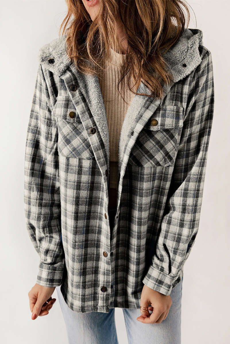 Black Plaid Pattern Sherpa Lined Hooded Shacket
