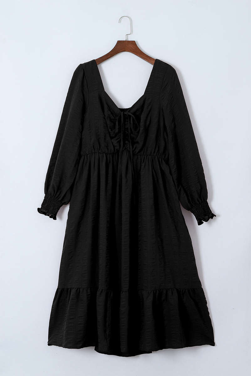 Black Lace-up Ruched Front Long Sleeve Ruffle Hem Plus Size Midi Dress
