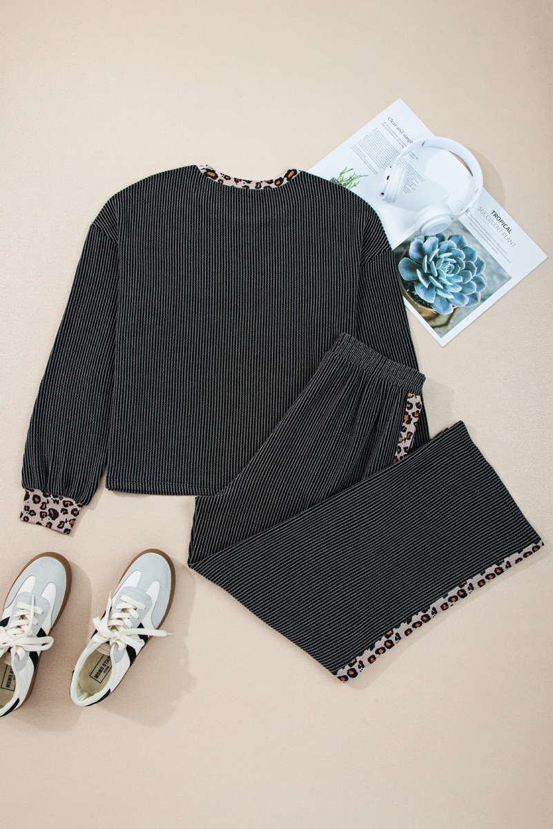 Carbon Grey Twisted Rib Texture Leopard Patchwork Detail 2pcs Pant Set